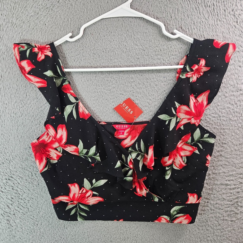NEW Guess Wrap Cropped Tank Top Women Medium Floral Red Black Beach